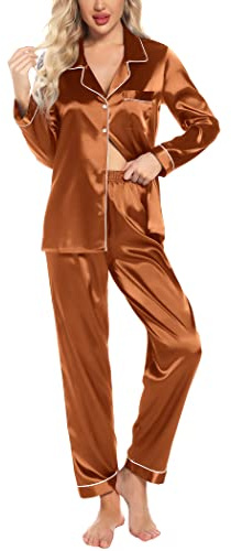 Leikar Ensemble de Pyjama en Soie à Manches Longues pour Femmes – Pyjama Doux boutonné – Café, Taille M