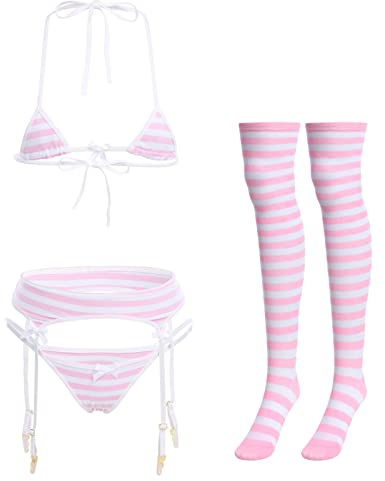 Sexy Lingerie for Women, Women Exotic Lingerie Set Halter Spaghetti Straps Bra Crop Tops Panty Garter Belt Striped Stockings 3PCS Sexy Underwear Rave Cosplay Costume Pink- Halter one size