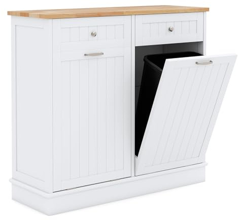 GiantexUK Tilt Out Trash Bin Cabinet (140L,2 Doors) | Wooden Free Standing Laundry Hamper with 1/ 2 Doors, Drawers & Bamboo Cutting Board, Pet Proof Kitchen Garbage Bin Holder