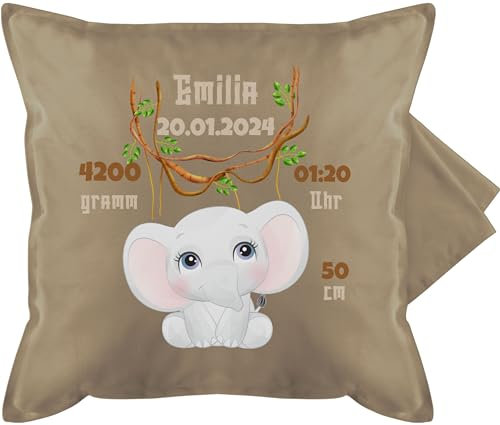 Kissenbezug - Geburtsgeschenk Elefant Datum Gewicht Uhrzeit Größe I Geschenk zur Geburt - 50 x 50 cm - Beige Natur - personalisiertes Kissen Baby Geschenke Neugeborene Junge neugeboren Elefanten