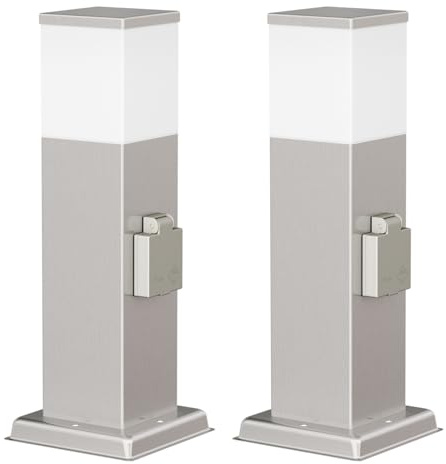 ledscom.de 2x Wegelicht/Pollerleuchte POLLY für außen, IP44, 35 cm, edelstahl, 1x G9 max. 10W, Steckdose