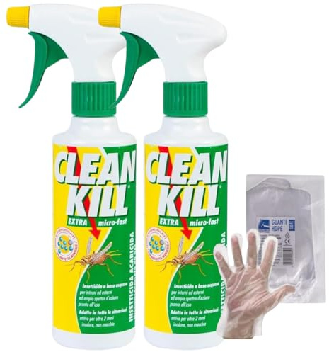 CLEAN KILL Insetticida Ecologico Biokill Spray Extra Micro Fast No Gas a Base Acquosa, Ideale per Blatte, Cimici, Tarli, Zanzare, e Altri Insetti, Uso Interno ed Esterno, Flacone da 375ml (2 Unità)