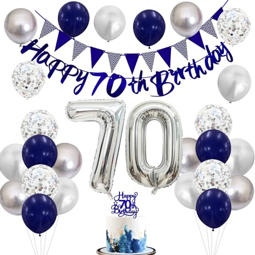 70th Birthday Decorations for Men, Navy Blue Silver 70th Balloons 70 Banner Cake Topper Decoration Number 70 Balloon for Women Birthday 70th Party Decor