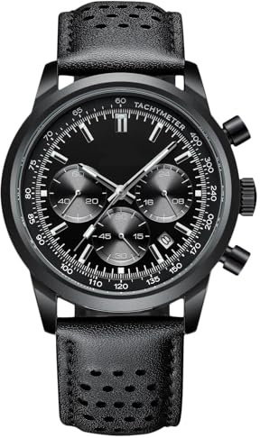 rorios Multifunktional Herrenuhren Analog Quarz Armbanduhr Freizeit Chronograph Uhr Klassische Edelstahl Uhr für Herren Männer mit Leder Armband Schwarz