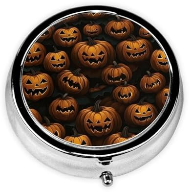Pillendose mit Halloween-Kürbis-Muster, rund, für Geldbörse, Tasche, 3 Fächer, Medikamenten-Organizer, kleiner Metall-Pillenbehälter, tragbare Reise-Pillendose für Vitaminpräparate
