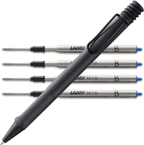 Lamy safari Kugelschreiber - mit ergonomischem Griff aus robustem ASA-Kunststoff - inkl. Großraummine M 16 in Strichbreite M in schwarz und 4 in blau B Bundle (M, umbra)