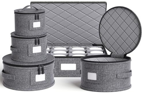 China Storage Containers Hard Shell Box for Moving Dishes, Plate, Wine and Glasses, Dinnerware, Mugs, Saucers Quilted Organizer Dividers for Packing Fine China Storage Containers 5Piece Grey