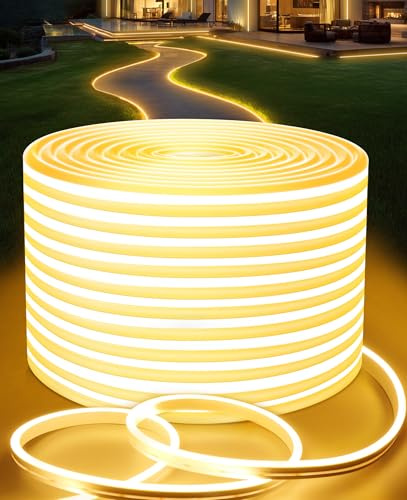 Lamomo LED Strip 30M, Warmweiss Dimmbar Neon LED Streifen, Wasserdicht 3000K LED Lichtband, Silikon DIY Flexibel 24V Lichtleiste mit Netzteil und Controller für Innen Aussenbereich Heim Küche Deko