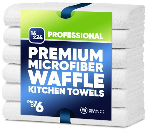 Kitchen Towels - Microfiber Waffle Weave Towels | White | 16 x 24 in. (6 Pack) | Absorbent, No Lint, Thick, Reusable, Commercial, Soft, Hand, Tea, Glass, Bar, Sublimation Blank, Polyester Cloths