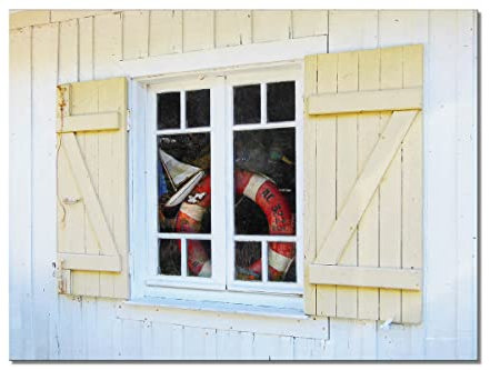 Glücksvilla - Rettungsring mit Boot - div. Maße (Leinwand-Bild 5 cm, 120 x 90 cm) aus DE - Kunstdruck XXL Deko-Wandbild quer - Fischerhütte Frankreich Holz Fenster