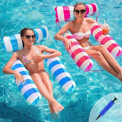 2 Pack Pool Hammock Water, Inflatable for Swimming Pools, Relaxing Lounge Floats (Blue, Pink) Includes Manual Air Pump