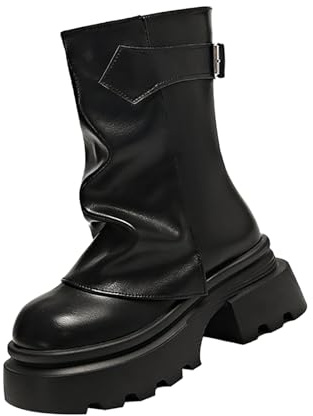 Botas de plataforma para mujer, estilo gótico, punk, botines con tacón de bloque, suela de perfil, plegables, botas de cuero de media caña para saltar, botas de motociclista, botas de equitación,