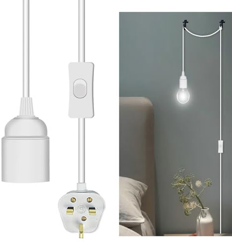 Plug in Light Fittings, White Plug in Ceiling Light Fixture, E27 Lamp Holder Suspended Pendant Light Fitting, 4.5 M Lamp Cable with Switch and Plug, Extension Hanging Lamp for Loft Garage Bedroom
