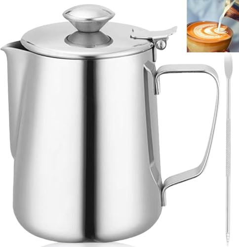 GOMETY 350ml Edelstahl Milchkännchen mit Deckel, Milchkanne Kaffee Kännchen Milchaufschäumer Sahnekännchen Milchschaumkännchen Coffee Barista Zubehör mit Kaffee-Latté-Art-Nadel für Cappuccino (350ml)