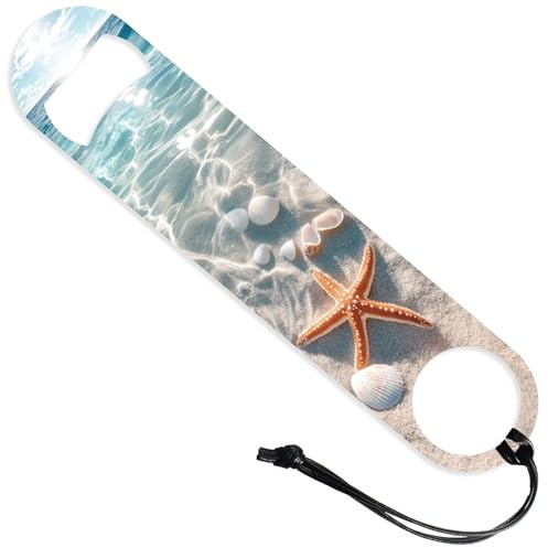 GLOBLELAND 7inch Summer Beach Starfish Art Stainless Steel Bottle Opener with PU Leather Cord Ocean Shells Beer Flat Bottle Opener for Home Bar Restaurant Pub Kitchen Restaurant