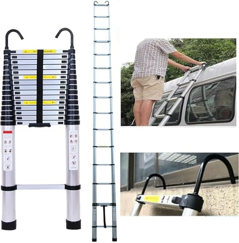Échelle télescopique avec crochet amovible en aluminium de 6,2 m, extensible, pliable, pour l'intérieur et l'extérieur, sûre et durable, charge maximale : 150 kg, Escabeau Professionnel