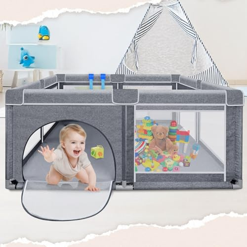 Alpstorm Laufstall für Baby 180x200cm mit Atmungsaktivem Netz,Laufstall Baby Laufgitter Absperrgitter,Schutzgitter Krabbelgitterc für Kinder,Dunkelgrau,180x200cm