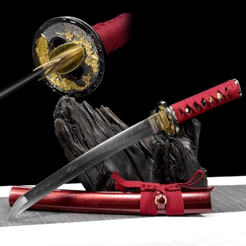 KWXPW 55cm Kurzes Katana,Japanisches Wakizashi,T10-Stahl Klinge,Holzscheide,Handgefertigt Traditionelles Samurai-Schwert Als Geschenk,Ausstellungsstück,Requisite,Dekoration,Cosplay