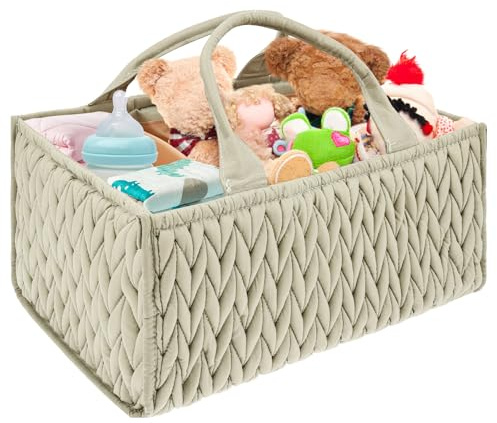 Blöja Caddy, stor babyblöja Caddy arrangör med handtag, 36 × 25 × 17 cm, bomull barnrum förvaringskorg, grön blöjhink arrangör för nyfödda blöjor och babyrockar, flickor, pojkar
