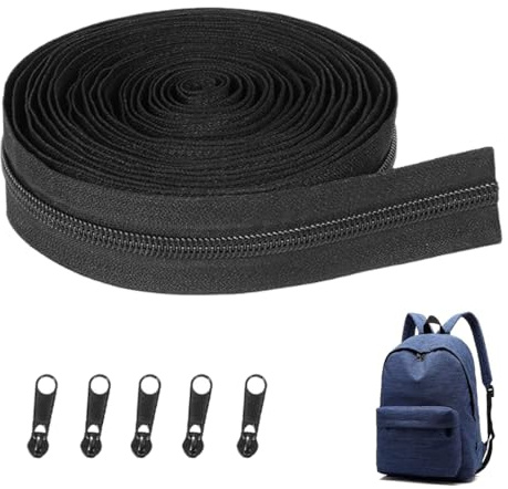 OUDQFCJ 6 Pezzi Set Universale di Riparazione Cerniera, Zipper a Metri in Nylon per Abbigliamento, Giacche, Zaini (5mm×5m) (Nero)