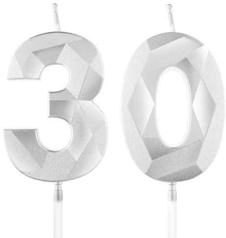 Geburtstagskerzen Silber Zahlen 30-3D Silberne Kerzen für Geburtstagstorte, Geburtstagsdeko (Zahlenkerzen, Tortenkerzen) für Geburtstagsparty und Feiern, Nummer 30