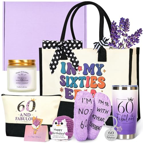 Rilcn Unique 60th Birthday Gifts for Women - Fabulous Birthday Gift Set with Tote Bag, Tumbler, Candle, Socks & More - Special Gifts for Her, Wife, Mom, Grandma, Friend