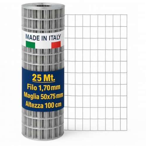 Rete Elettrosaldata Zincata – Maglia 50×75 mm – Filo 1,7 mm – Rotolo 25 m – MADE IN ITALY – Per Recinzioni, Giardino, Orto, Pollaio – Altezze 100/125/150 cm (Altezza 100 cm)