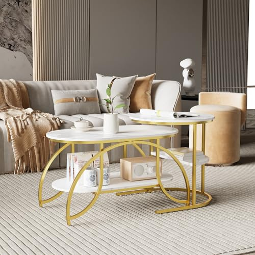 BRILVERDE Couchtisch 2er Set,Moderne Wohnzimmertisch mit Stauraum,Marmor-Optik,Metallrahmen,Oval Beistelltisch,für Wohnzimmer Schlafzimmer Balkon (Gold-6)