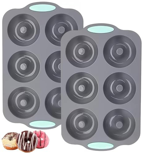 Techchii Donut Backform aus Silikon, 2 Stück Donuts Backform mit 6 Mulden Antihaft Donutform für Zuckerfreie Donuts Bagel Backen, BPA-frei (28.5x17.8x2.5cm, Grau)