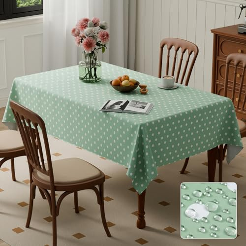 Kmhesvi Rectangular Wipe Clean Tablecloth Table Cover 200cm x 140cm Wipeable Water Resistant Polyester Tablecloth, 78.7x55.1 Inch Polka Dot Green White