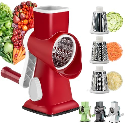Bizcasa Coupe Legumes Multifonctions, Mandoline Cuisine avec 3 Lames de Tambour Détachables, Mandoline de Cuisine Manuelle pour Oignons Fromage Carotte Concombre, etc, Cuisine Accessoires (Rouge)
