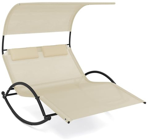 COSTWAY Solstol för 2 personer, dubbel backning med tak och 2 avtagbara nackstöd, ergonomisk trädgårdsstol, gungback, kan belastas upp till 300 kg, relaxstol för trädgård, terrass, beige