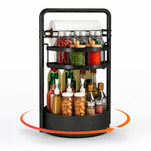 URMONA Gewürzregal drehbar 2 Etagen 360° mit Küchenrollenhalter aus Stahl | Lazy Susan mit Kugellager, Küchenorganizer für Arbeitsplatte, platzsparend im Küchenschrank, Ausführung in mattem Schwarz