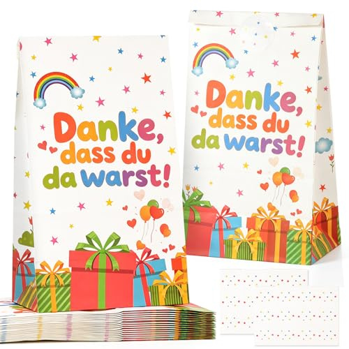 CHEPULA Geschenktüten Kindergeburtstag, 20 Stück Geburtstagstüten Klein | Kraftpapier, mit 24 Aufklebern, Kinder Mitgebsel Tüten, Bunt Papiertüten Gift Bag Partytüten, Für Geburtstag, Party, Hochzeit