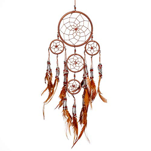 Pink Pineapple Atrapa Sueños Pequeña Bohemio: Arte de Pared de Dreamcatcher Colgante Ético con Plumas y Cuentas, de Color Marrón con Diseño de Ganchillo Tradicional - 12cm de Ancho, 35cm de Largo