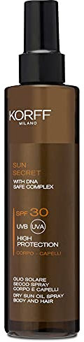 Korff Sun Secret Olio Spray Corpo e Capelli SPF30, Olio Solare Secco Effetto Lucente, Capelli Morbidi, Alta Protezione, Resistente all’acqua, 200ml