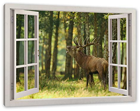 Pixxprint Hirsch im Wald, Fenster, Größe: 100x70cm, Leinwandbild, fertig gespannt, Wandbild, Dekoration, Kunstdruck, kein Poster