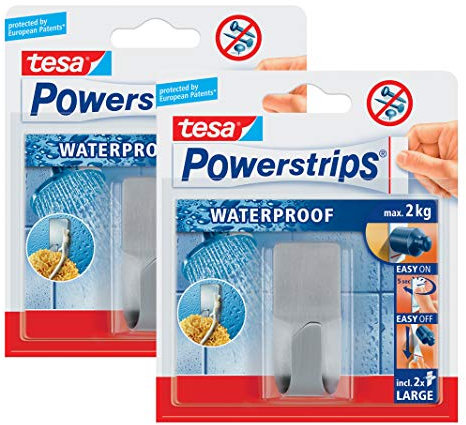 tesa Powerstrips Waterproof Haken Zoom Metall - Wasserfester Klebehaken aus Edelstahl für Badezimmer und Dusche (2 Haken)