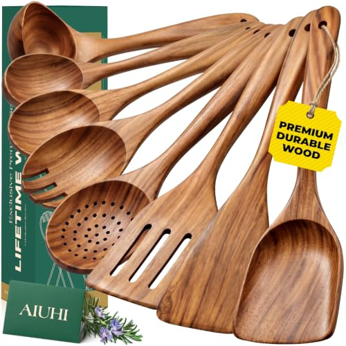 Holz-Utensilien zum Kochen, Holzlöffel zum Kochen, Holzspachtel und Holz-Utensilien für die Küche Antihaft-Kochgeschirr Teak 8 Pack