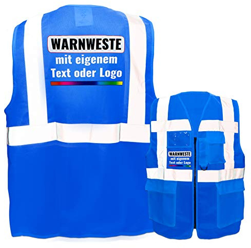 Warnweste mit Reißverschluss und Taschen * Druck auf Rücken + Front/Premium-Druck * Farbe & Größe: Blau/Größe 3XL * Aufdruck selbst gestalten * Bedruckt mit Design Foto Text Logo