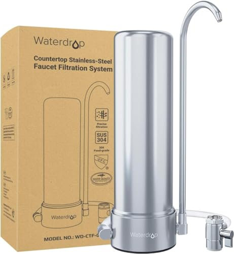 Waterdrop WD-CTF-01 Système de Filtration de Comptoir en Acier Inoxydable à 5 Etapes, Filtre à Eau de Robinet de Longue Durée, Réduction du Chlore, Métaux Lourds, Mauvais Goût (1 Filtre Inclus)