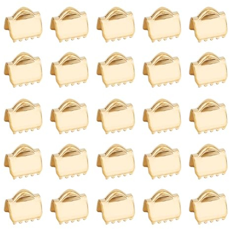 UNICRAFTALE Cirka 30 st gyllene rektangulära bandändar rostfritt stål bandklämmor med ögla 6 mm fästanordning läder krympändar för bokmärken smyckestillverkning, hål 1 x 1,5 mm