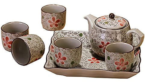 Japanischer Stil Teetassen-Set, handgemachtes Porzellan-Tee-Set, 5 × Tassen, 1 × Teekanne, 1 × -Tablett, asiatische Tee-Set, für Picknick im Freien (Color : B)