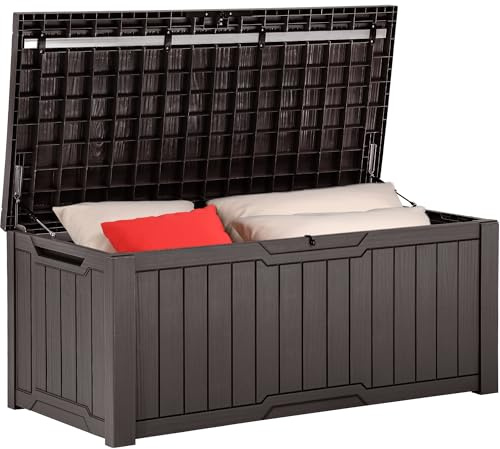 YITAHOME 120 gallon utomhusförvaringsbox, stor uteplats förvaring i harts för utomhuskuddar, trädgårdsverktyg och pooltillbehör, vattentät, låsbar (brun)