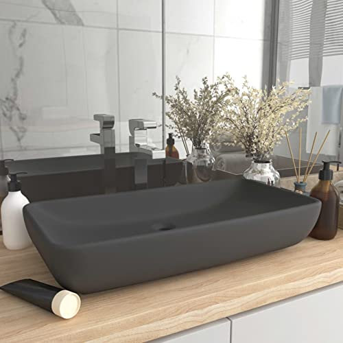 Susany Luxus-Waschbecken Rechteckig Badezimmerwaschbecken Keramikbecken Aufsatzwaschbecken Waschplatz Handwaschbecken Aufsatzwaschtisch Matt Dunkelgrau 71x38 cm Keramik