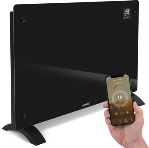 VONROC Elektroheizung energiesparend 2000W - Konvektor Heizung [24qm Räume] - Mobile Elektrische Heizung [App/Touch Steuerung] - Heizkörper 2in1 Wand-/Bodenmontage - Schwarz