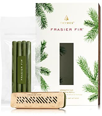 Thymes Frasier Fir Car Diffuser Kit + Refills – Vent Clip Air Freshener + 4 Frasier Fir Diffuser Reeds – Car Air Fresheners with Fresh Scent – Long-Lasting Fragrance