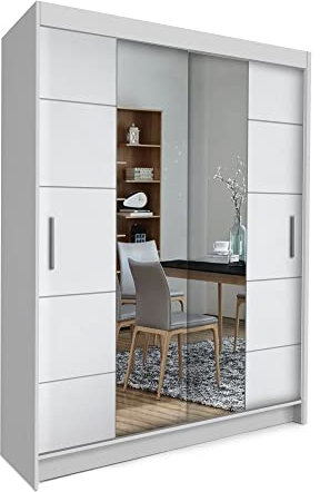 COMFATRA Porto 150cm Double Wardrobe with Sliding Doors Mirror Wardrobe, 2 Door Wardrobe with Hanging Rails & Adjustable Shelves, Space Saving Wardrobe for Bedroom Furniture (White)