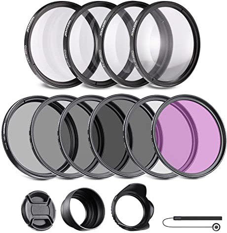 NEEWER 82 mm ND/CPL/UV/FLD/Nahaufnahmefilter und Objektivzubehör-Set mit ND2 ND4 ND8, Nahlinsenfilter (+1/+2/+4/+10), Tulpen-Sonnenblende, faltbare Gummi-Gegenlichtblende, Objektivdeckel, Filtertasche