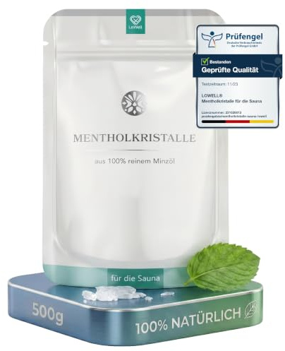LoWell® Mentholkristalle 500g aus 100% reiner Minze – im Beutel | intensive Sauna Kristalle für frischen Menthol-Duft – Sauna-Aufgussmittel wiederverschließbar für Sauna & Wellness
